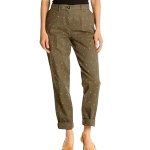 Boden Dark Olive Embroidered Dot Ankle Pants Pink Polka Chino Trousers Sz 10R